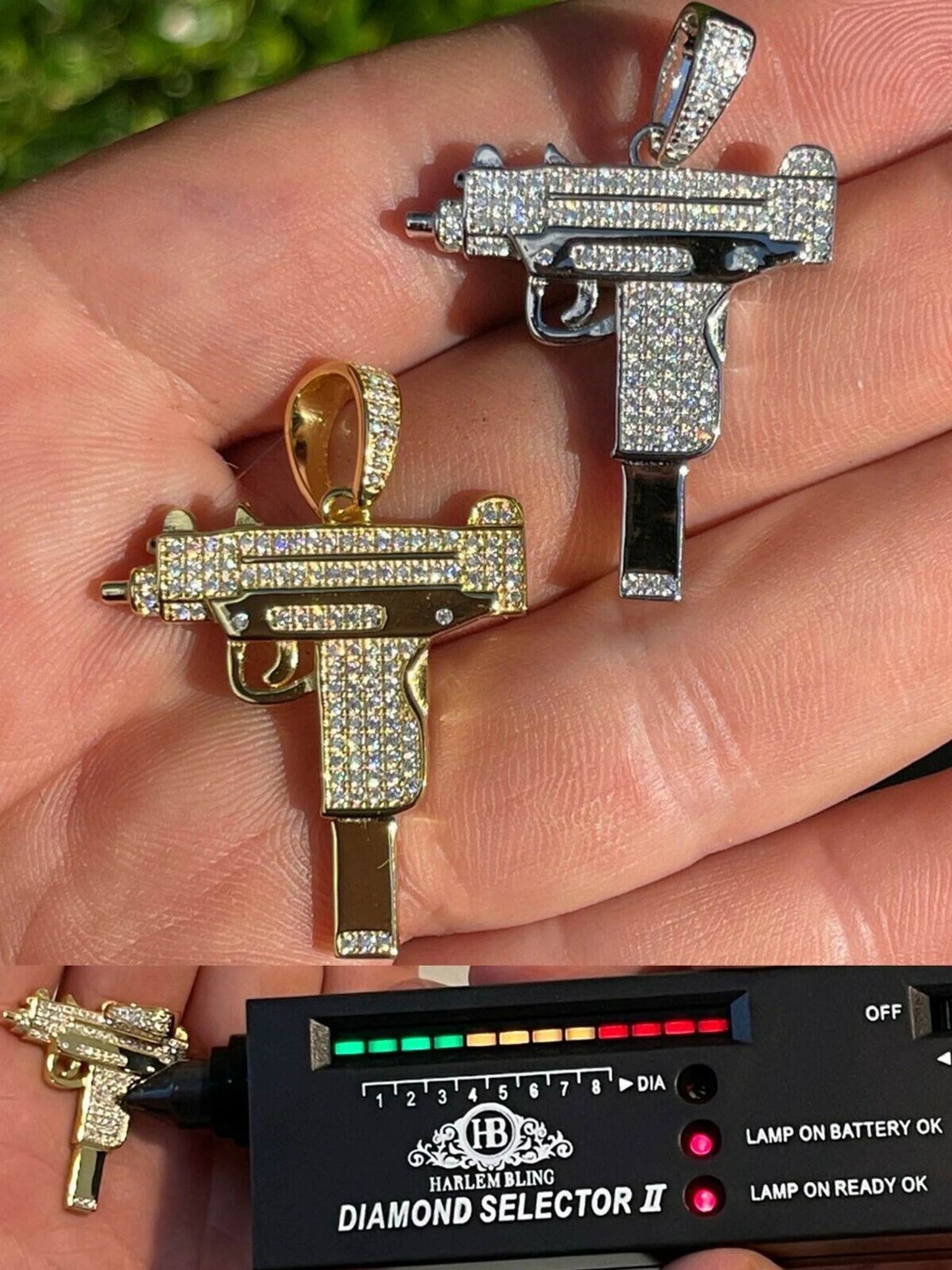 MOISSANITE Real 925 Silver/ Gold Uzi Gun Pendant Iced Pass Diamond Test Hip Hop 3 MOISSANITE Real 925 Silver/ Gold Uzi Gun Pendant Iced Pass Diamond Test Hip Hop