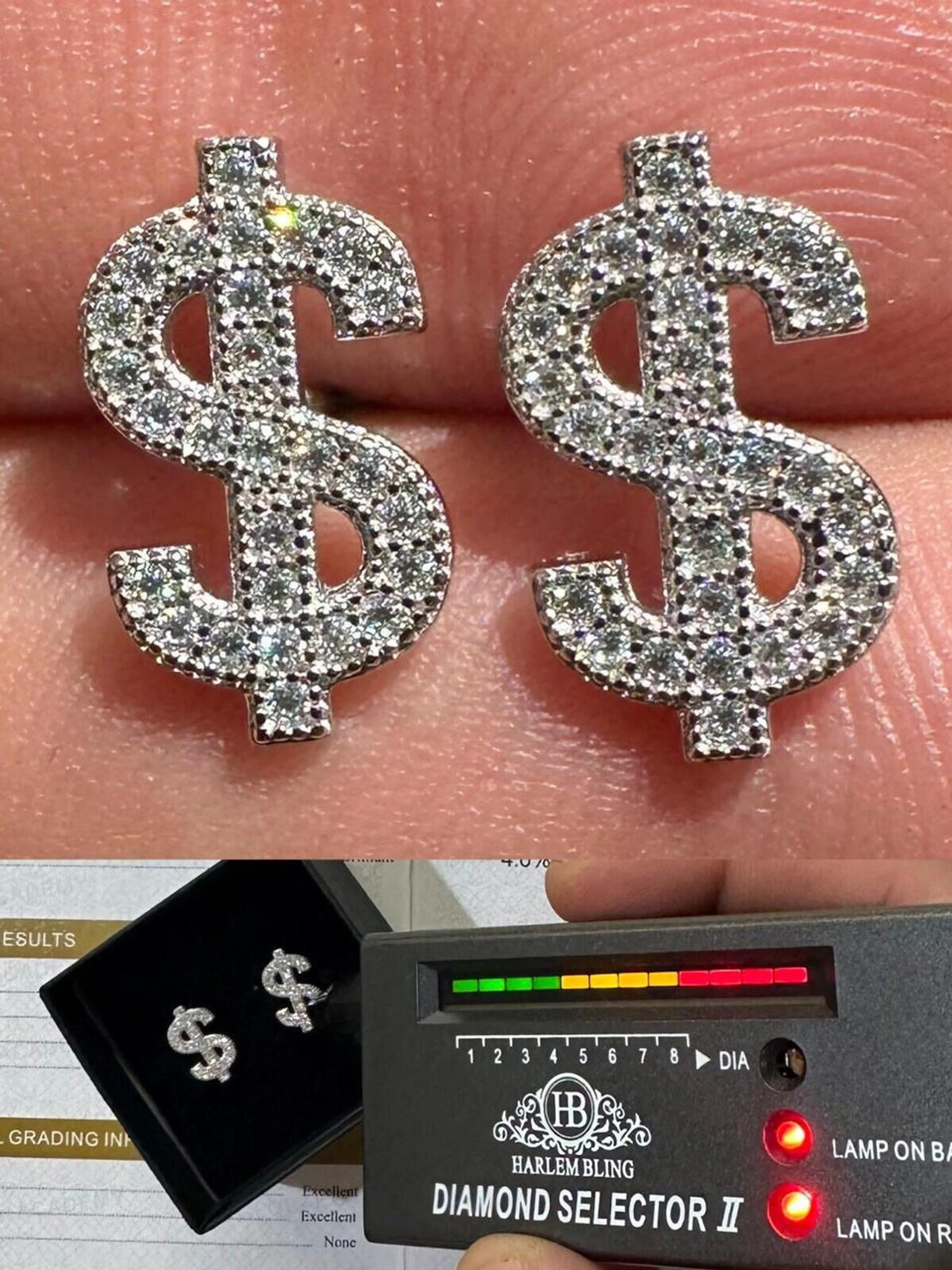 MOISSANITE Real 925 Silver Men Ladies Dollar Sign $ Money Earrings Iced Studs 3 MOISSANITE Real 925 Silver Men Ladies Dollar Sign $ Money Earrings Iced Studs