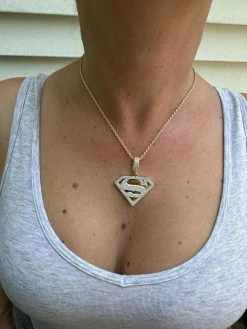 MOISSANITE Real 925 Silver/Gold Plated Iced SUPERMAN Logo Out Pendant Necklace -Harlem Bling Shop harlembling moissanite real 925 silvergold plated iced superman logo out pendant necklace 01926.1685655759