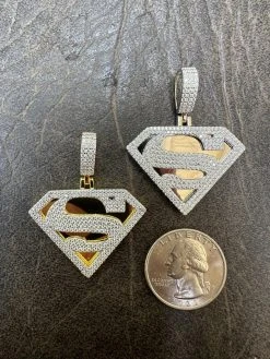 MOISSANITE Real 925 Silver/Gold Plated Iced SUPERMAN Logo Out Pendant Necklace -Harlem Bling Shop harlembling moissanite real 925 silvergold plated iced superman logo out pendant necklace 09331.1685655729