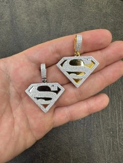 MOISSANITE Real 925 Silver/Gold Plated Iced SUPERMAN Logo Out Pendant Necklace -Harlem Bling Shop harlembling moissanite real 925 silvergold plated iced superman logo out pendant necklace 16845.1685655522