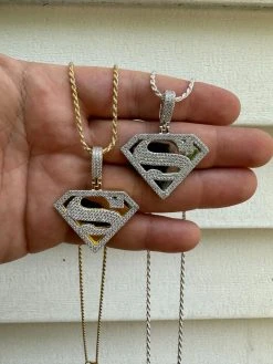 MOISSANITE Real 925 Silver/Gold Plated Iced SUPERMAN Logo Out Pendant Necklace -Harlem Bling Shop harlembling moissanite real 925 silvergold plated iced superman logo out pendant necklace 33725.1685655487