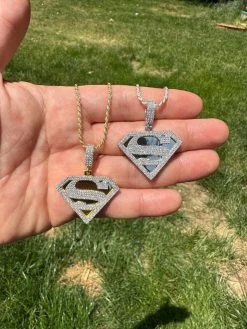 MOISSANITE Real 925 Silver/Gold Plated Iced SUPERMAN Logo Out Pendant Necklace -Harlem Bling Shop harlembling moissanite real 925 silvergold plated iced superman logo out pendant necklace 34751.1685655631