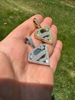 MOISSANITE Real 925 Silver/Gold Plated Iced SUPERMAN Logo Out Pendant Necklace -Harlem Bling Shop harlembling moissanite real 925 silvergold plated iced superman logo out pendant necklace 38231.1685655570