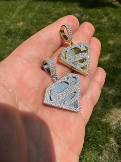 MOISSANITE Real 925 Silver/Gold Plated Iced SUPERMAN Logo Out Pendant Necklace -Harlem Bling Shop harlembling moissanite real 925 silvergold plated iced superman logo out pendant necklace 48069.1685655784