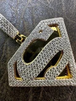 MOISSANITE Real 925 Silver/Gold Plated Iced SUPERMAN Logo Out Pendant Necklace -Harlem Bling Shop harlembling moissanite real 925 silvergold plated iced superman logo out pendant necklace 48327.1685655516