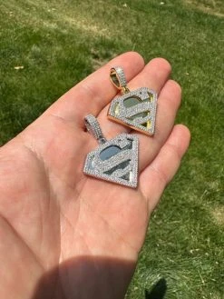 MOISSANITE Real 925 Silver/Gold Plated Iced SUPERMAN Logo Out Pendant Necklace -Harlem Bling Shop harlembling moissanite real 925 silvergold plated iced superman logo out pendant necklace 55097.1685655765