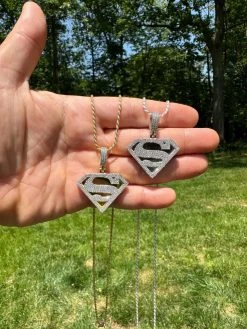 MOISSANITE Real 925 Silver/Gold Plated Iced SUPERMAN Logo Out Pendant Necklace -Harlem Bling Shop harlembling moissanite real 925 silvergold plated iced superman logo out pendant necklace 56932.1685655549