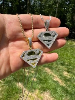 MOISSANITE Real 925 Silver/Gold Plated Iced SUPERMAN Logo Out Pendant Necklace -Harlem Bling Shop harlembling moissanite real 925 silvergold plated iced superman logo out pendant necklace 62529.1685655582