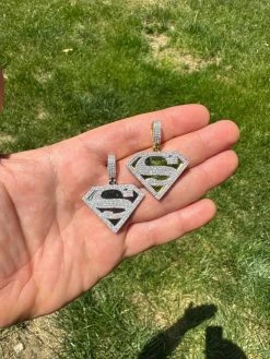 MOISSANITE Real 925 Silver/Gold Plated Iced SUPERMAN Logo Out Pendant Necklace -Harlem Bling Shop harlembling moissanite real 925 silvergold plated iced superman logo out pendant necklace 76461.1685655536