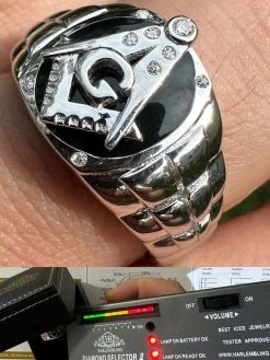 MOISSANITE Real Mens Real 925 Silver Ring Free Mason Masonic Letter G Black Onyx