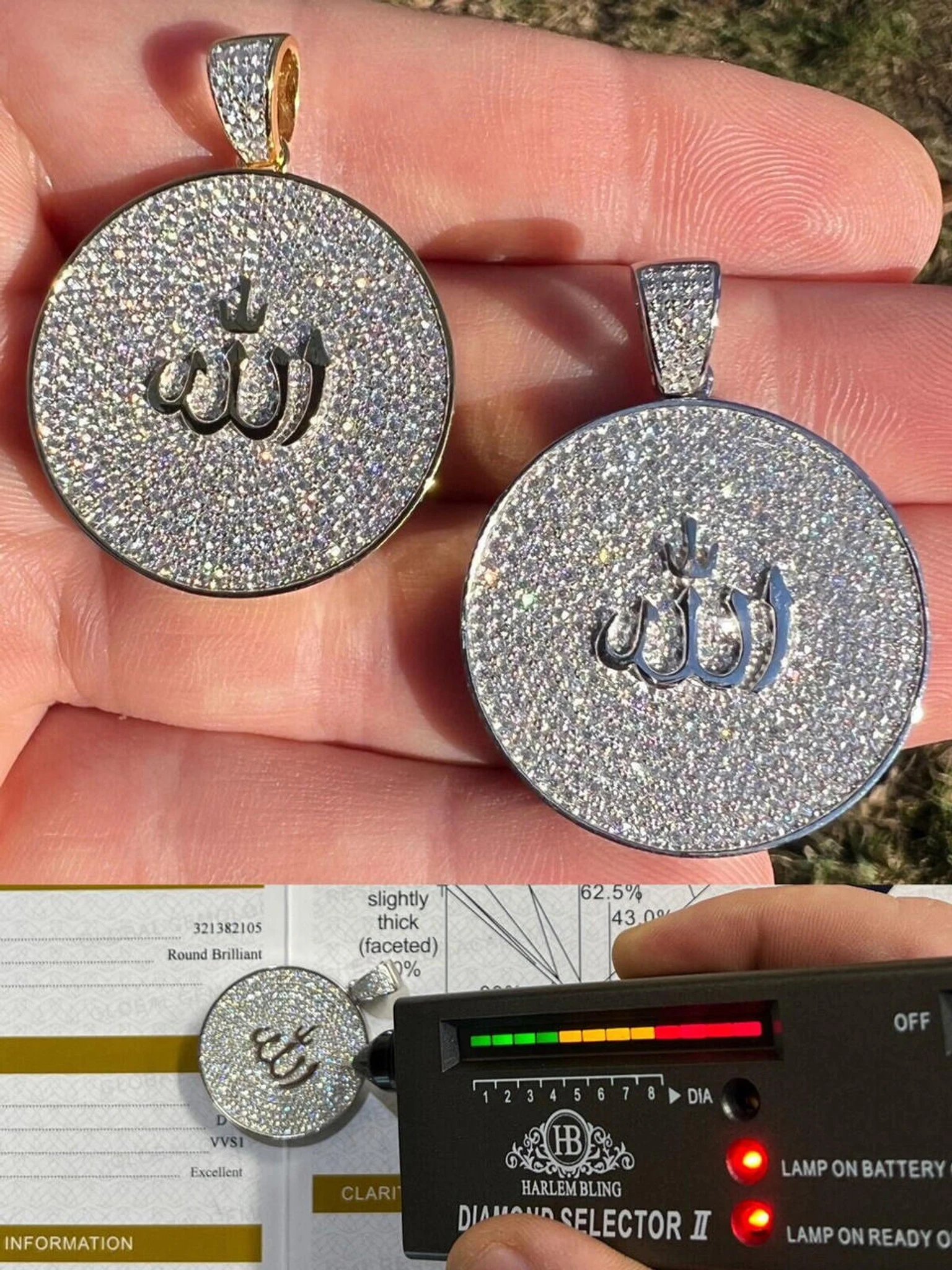 MOISSANITE Real Silver / Gold Allah Medallion Islamic Necklace Pass Diamond Test 3 MOISSANITE Real Silver / Gold Allah Medallion Islamic Necklace Pass Diamond Test