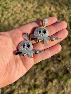 MOISSANITE Real Silver / Gold Angry Emoji W. AK47 Gun Necklace Pass Diamond Test -Harlem Bling Shop harlembling moissanite real silver gold angry emoji w ak47 gun necklace pass diamond test 04685.1674149491