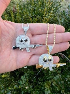 MOISSANITE Real Silver / Gold Angry Emoji W. AK47 Gun Necklace Pass Diamond Test -Harlem Bling Shop harlembling moissanite real silver gold angry emoji w ak47 gun necklace pass diamond test 18498.1674149382