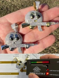 MOISSANITE Real Silver / Gold Angry Emoji W. AK47 Gun Necklace Pass Diamond Test