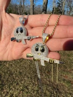 MOISSANITE Real Silver / Gold Angry Emoji W. AK47 Gun Necklace Pass Diamond Test -Harlem Bling Shop harlembling moissanite real silver gold angry emoji w ak47 gun necklace pass diamond test 30754.1674149521