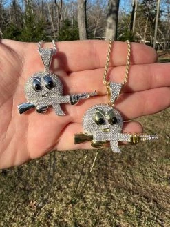 MOISSANITE Real Silver / Gold Angry Emoji W. AK47 Gun Necklace Pass Diamond Test -Harlem Bling Shop harlembling moissanite real silver gold angry emoji w ak47 gun necklace pass diamond test 36712.1674149523