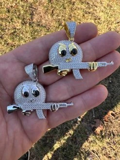 MOISSANITE Real Silver / Gold Angry Emoji W. AK47 Gun Necklace Pass Diamond Test -Harlem Bling Shop harlembling moissanite real silver gold angry emoji w ak47 gun necklace pass diamond test 54179.1674149350