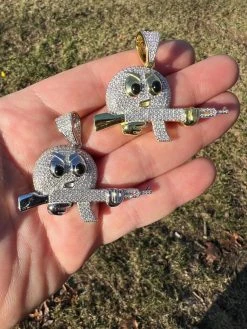 MOISSANITE Real Silver / Gold Angry Emoji W. AK47 Gun Necklace Pass Diamond Test -Harlem Bling Shop harlembling moissanite real silver gold angry emoji w ak47 gun necklace pass diamond test 60160.1674149511