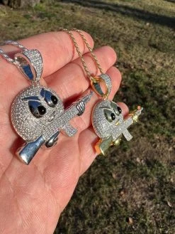 MOISSANITE Real Silver / Gold Angry Emoji W. AK47 Gun Necklace Pass Diamond Test -Harlem Bling Shop harlembling moissanite real silver gold angry emoji w ak47 gun necklace pass diamond test 69050.1674149509