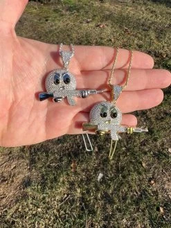 MOISSANITE Real Silver / Gold Angry Emoji W. AK47 Gun Necklace Pass Diamond Test -Harlem Bling Shop harlembling moissanite real silver gold angry emoji w ak47 gun necklace pass diamond test 90313.1674149391