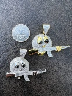 MOISSANITE Real Silver / Gold Angry Emoji W. AK47 Gun Necklace Pass Diamond Test -Harlem Bling Shop harlembling moissanite real silver gold angry emoji w ak47 gun necklace pass diamond test 92035.1674149379