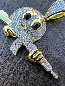 MOISSANITE Real Silver / Gold Angry Emoji W. AK47 Gun Necklace Pass Diamond Test -Harlem Bling Shop harlembling moissanite real silver gold angry emoji w ak47 gun necklace pass diamond test 98536.1674149526
