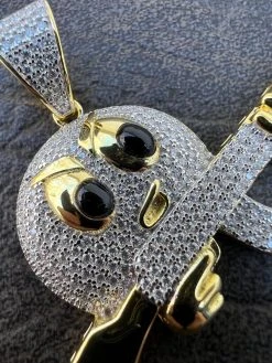MOISSANITE Real Silver / Gold Angry Emoji W. AK47 Gun Necklace Pass Diamond Test -Harlem Bling Shop harlembling moissanite real silver gold angry emoji w ak47 gun necklace pass diamond test 99043.1674149568