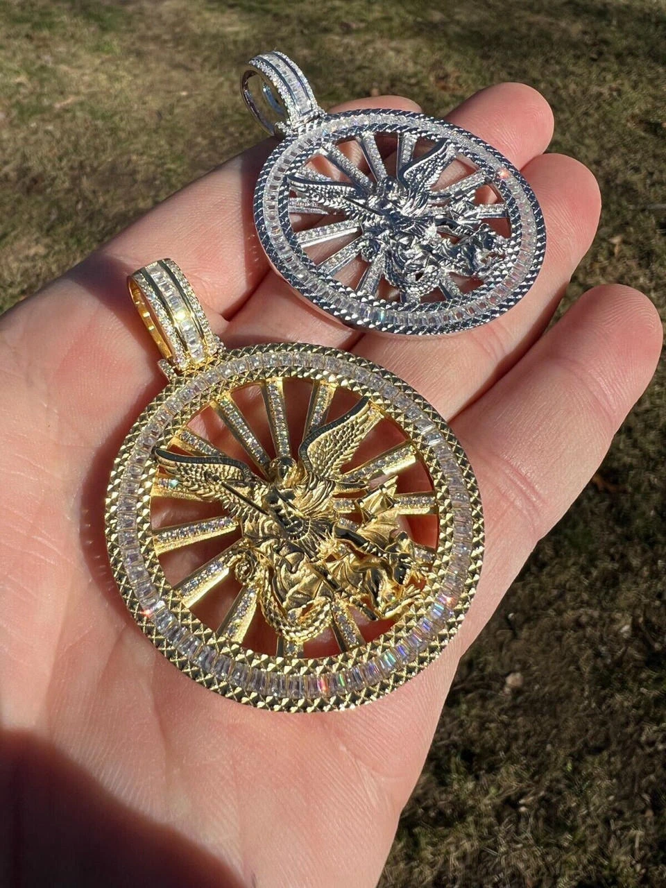 MOISSANITE Real Silver / Gold Michael Archangel Pendant Iced Baguette Medallion 6 MOISSANITE Real Silver / Gold Michael Archangel Pendant Iced Baguette Medallion - Image 4