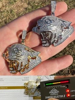 MOISSANITE Real Silver / Gold Panther Puma Cougar Necklace Pass Diamond Test