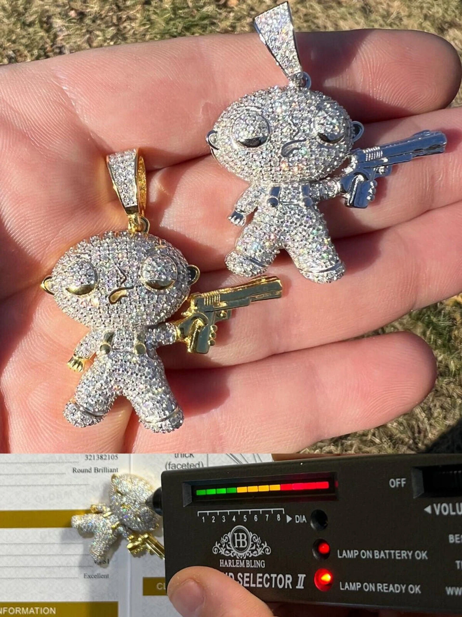 MOISSANITE Real Silver / Gold Stewie Griffin Family Guy Necklace Diamond Test ✅ 3 MOISSANITE Real Silver / Gold Stewie Griffin Family Guy Necklace Diamond Test ✅