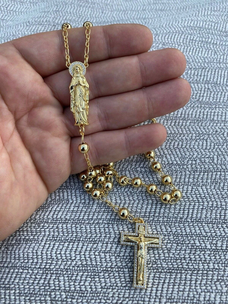 MOISSANITE Rosary Beads Necklace 14k Gold Vermeil 925 Silver Rosario Jesus 30" 10 MOISSANITE Rosary Beads Necklace 14k Gold Vermeil 925 Silver Rosario Jesus 30" - Image 8