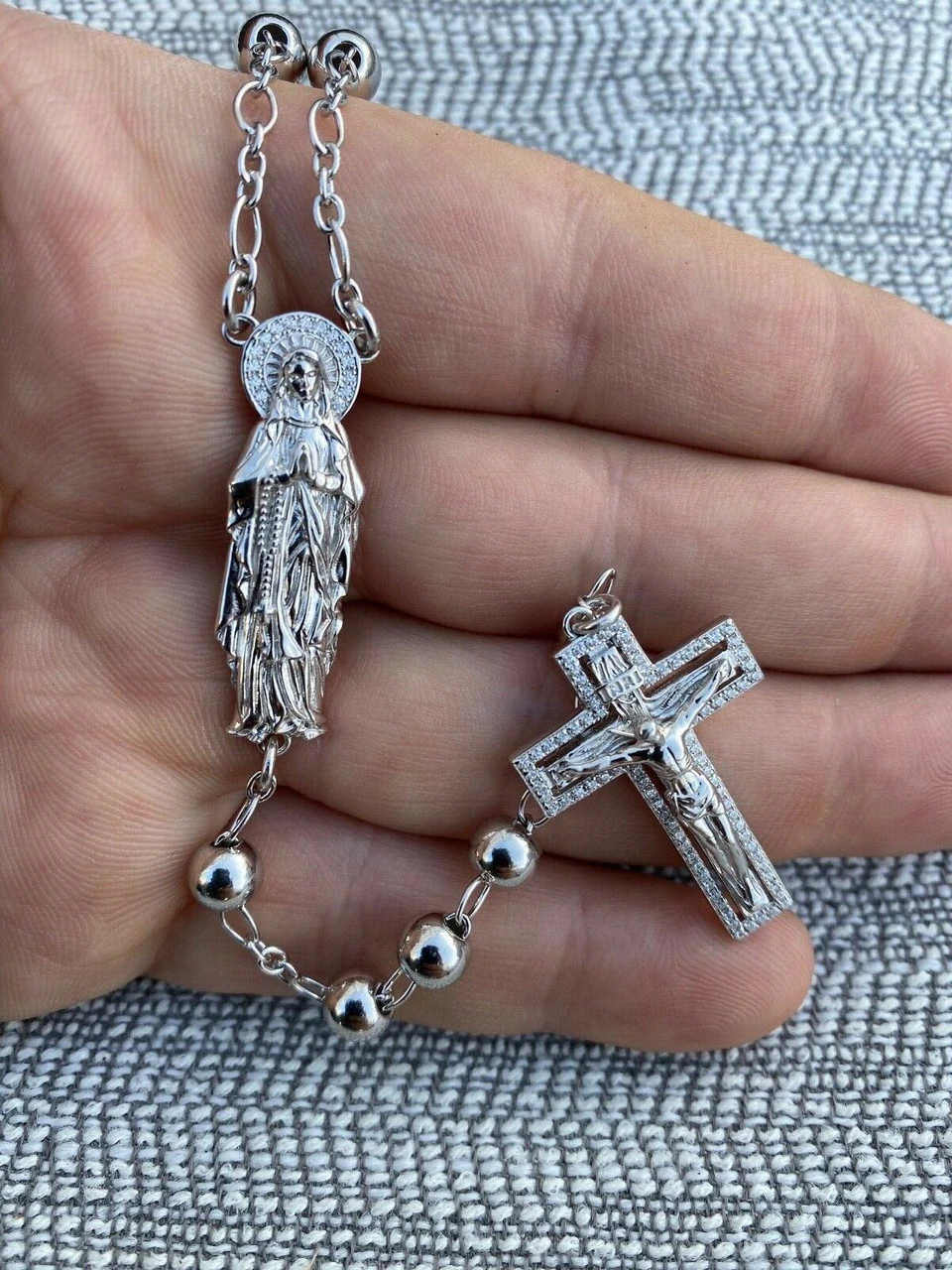 MOISSANITE Rosary Beads Necklace Real 925 Sterling Silver Rosario Jesus 30" 6mm 7 MOISSANITE Rosary Beads Necklace Real 925 Sterling Silver Rosario Jesus 30" 6mm - Image 5