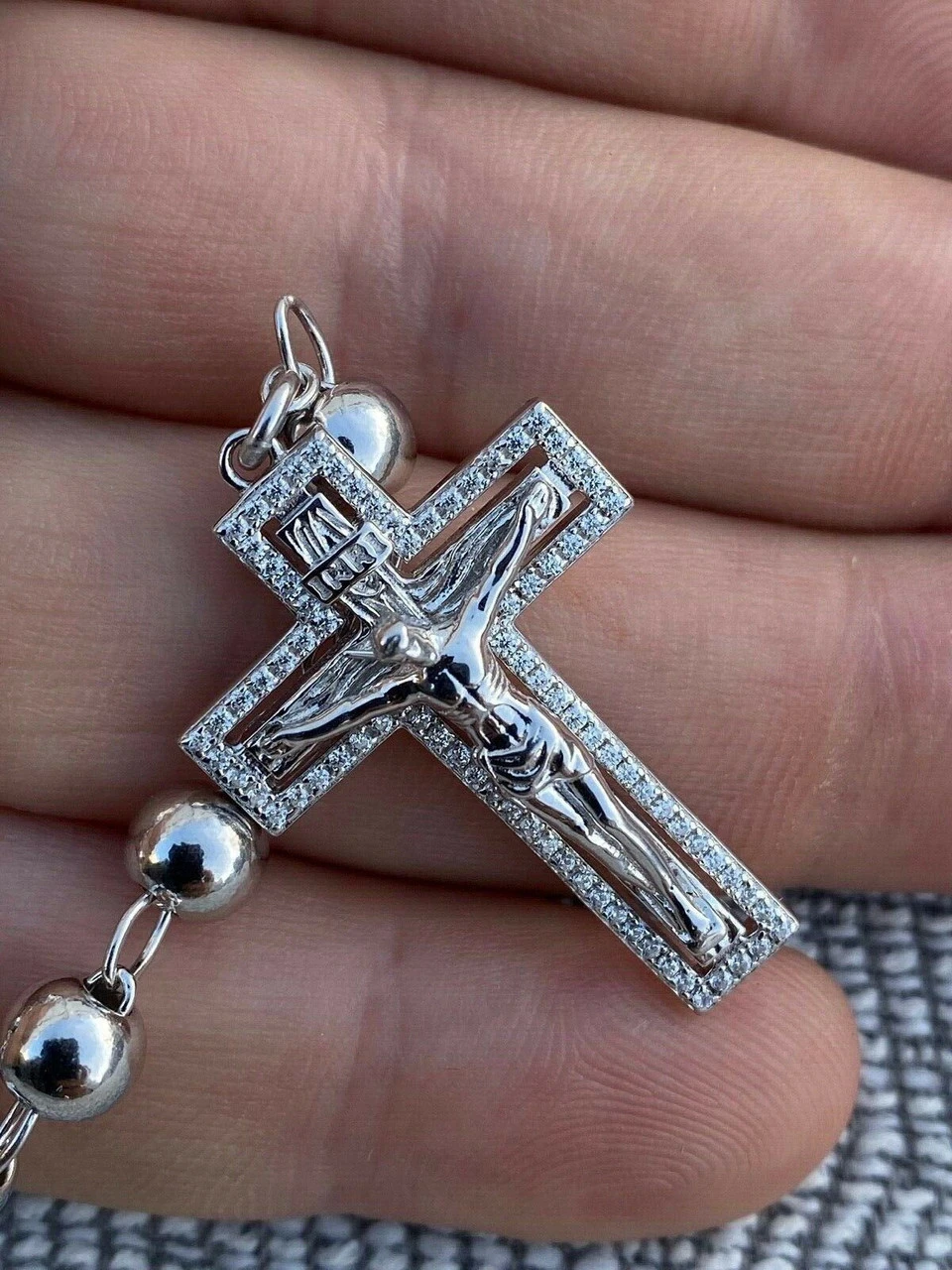 MOISSANITE Rosary Beads Necklace Real 925 Sterling Silver Rosario Jesus 30" 6mm 11 MOISSANITE Rosary Beads Necklace Real 925 Sterling Silver Rosario Jesus 30" 6mm - Image 9