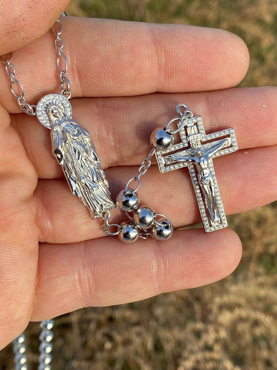 MOISSANITE Rosary Beads Necklace Real 925 Sterling Silver Rosario Jesus 30" 6mm 5 MOISSANITE Rosary Beads Necklace Real 925 Sterling Silver Rosario Jesus 30" 6mm - Image 3