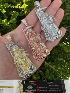 MOISSANITE Santa Muerte Grim Reaper Pendant 925 Silver / 14k Gold Rose Necklace