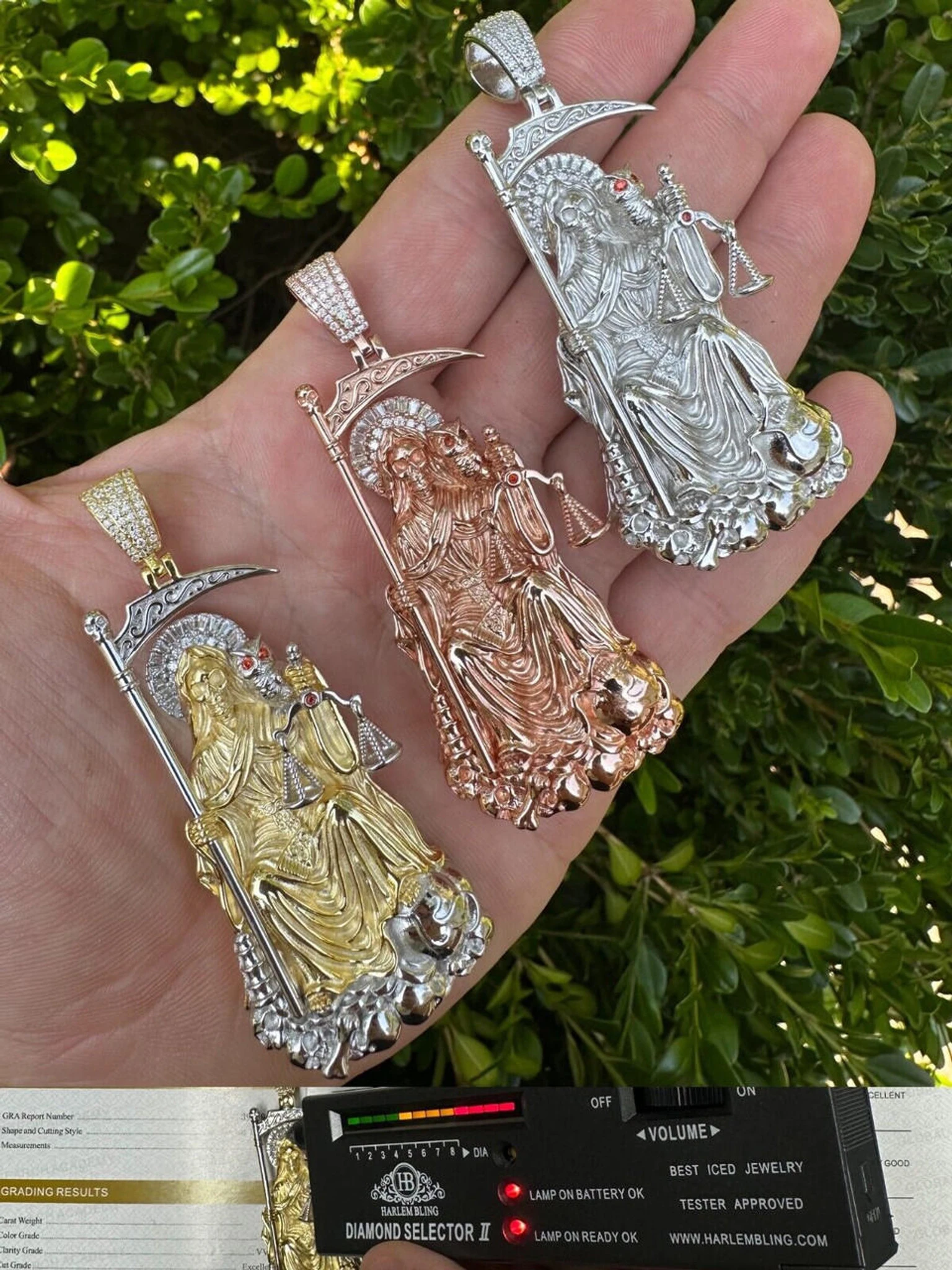 MOISSANITE Santa Muerte Grim Reaper Pendant 925 Silver / 14k Gold Rose Necklace 3 MOISSANITE Santa Muerte Grim Reaper Pendant 925 Silver / 14k Gold Rose Necklace