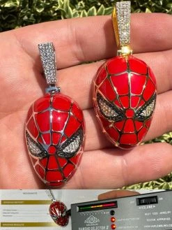 MOISSANITE Spider-Man Mask Real 925 Silver/Gold Plated Iced Pendant Out Necklace