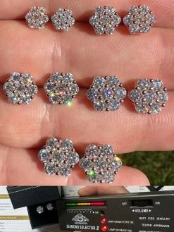 Moissanite Studs Cluster Flower Set Earrings Real 14k Rose Gold Over 925 Silver