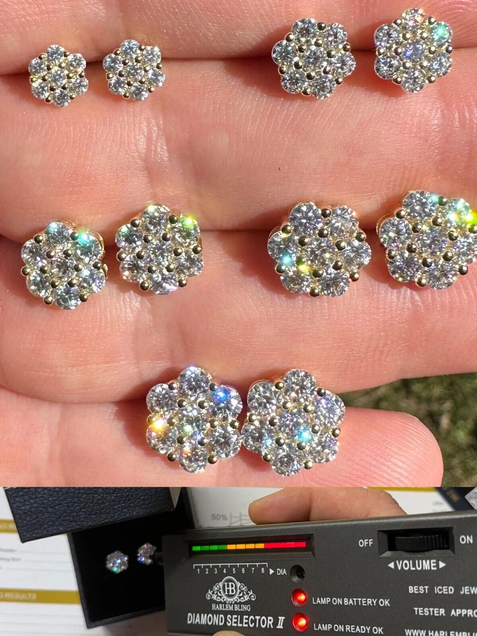 Moissanite Studs Iced Cluster Flower Set Earrings Real 14k Gold Over 925 Silver 3 Moissanite Studs Iced Cluster Flower Set Earrings Real 14k Gold Over 925 Silver