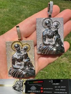 MOISSANITE Virgin Mary Pendant Real 925 Silver Necklace Large 2.5" Ice Out Piece