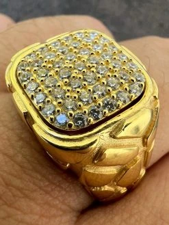 Nugget Ring Mens Real Solid 14K Gold Plated 925 Silver Iced CZ Pinky Hip Hop