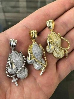 Praying Folded Hands W. Cross Solid 925 Sterling Silver Pendant Man Made Diamond ICY