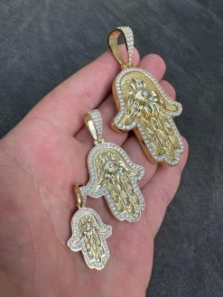 Real 14k Gold & 925 Sterling Silver Hamsa Evil Eye Hand Iced MOISSANITE Pendant -Harlem Bling Shop harlembling real 14k gold and 925 sterling silver hamsa evil eye hand iced moissanite pendant 07314.1694222588