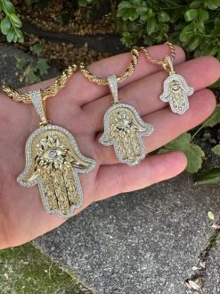 Real 14k Gold & 925 Sterling Silver Hamsa Evil Eye Hand Iced MOISSANITE Pendant -Harlem Bling Shop harlembling real 14k gold and 925 sterling silver hamsa evil eye hand iced moissanite pendant 75803.1694222344