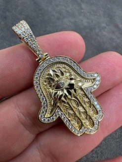 Real 14k Gold & 925 Sterling Silver Hamsa Evil Eye Hand Iced MOISSANITE Pendant -Harlem Bling Shop harlembling real 14k gold and 925 sterling silver hamsa evil eye hand iced moissanite pendant 75893.1694222347