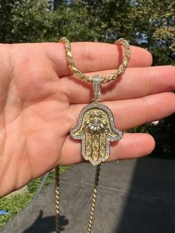 Real 14k Gold & 925 Sterling Silver Hamsa Evil Eye Hand Iced MOISSANITE Pendant -Harlem Bling Shop harlembling real 14k gold and 925 sterling silver hamsa evil eye hand iced moissanite pendant 82174.1694222474