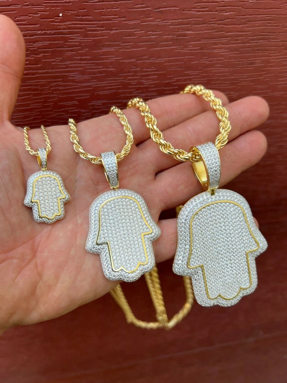 Real 14k Gold Vermeil 925 Silver God's Hand Hamsa Iced Diamond Pendant Necklace 10 Real 14k Gold Vermeil 925 Silver God's Hand Hamsa Iced Diamond Pendant Necklace - Image 8