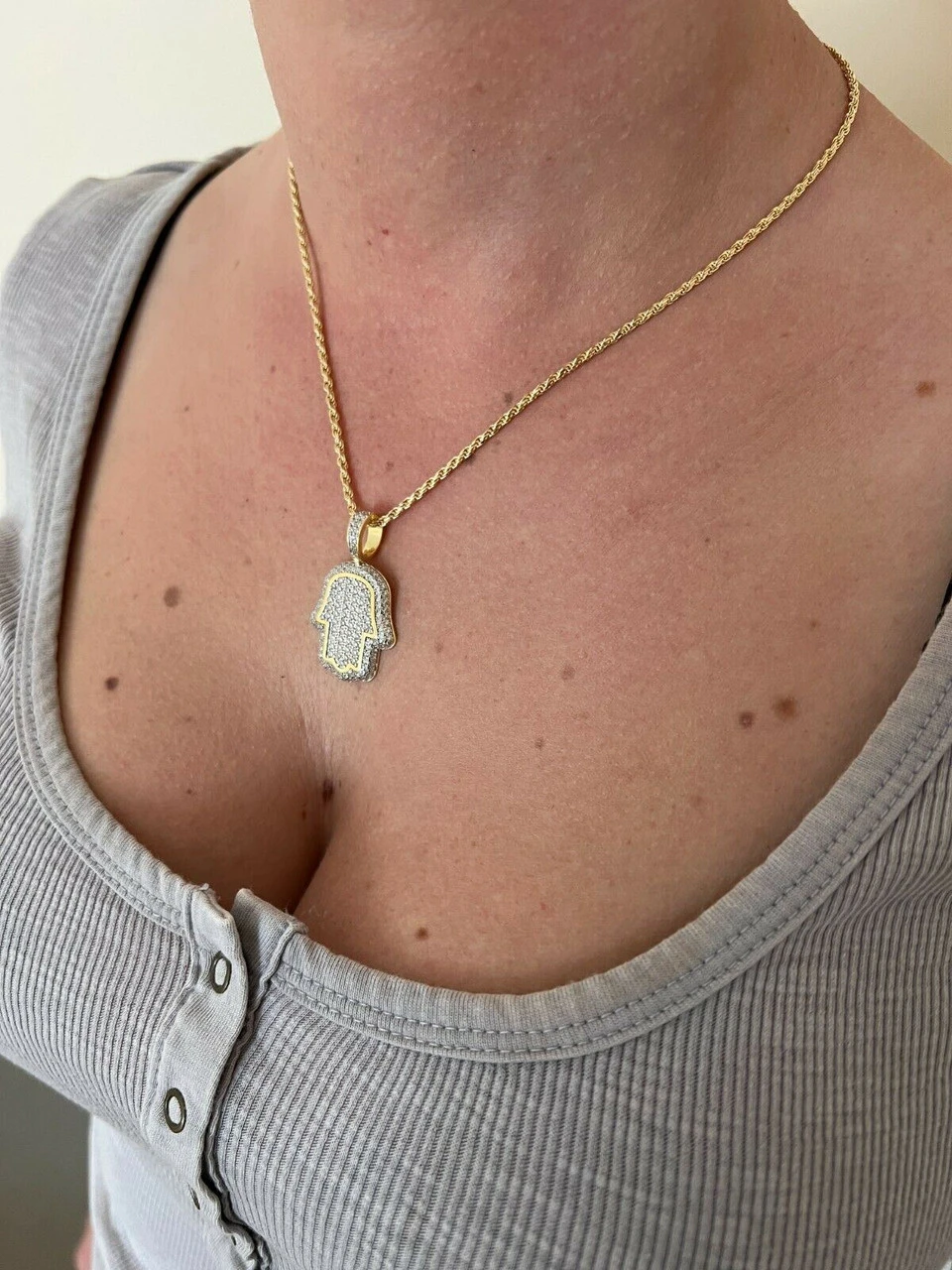Real 14k Gold Vermeil 925 Silver God's Hand Hamsa Iced Diamond Pendant Necklace 9 Real 14k Gold Vermeil 925 Silver God's Hand Hamsa Iced Diamond Pendant Necklace - Image 7
