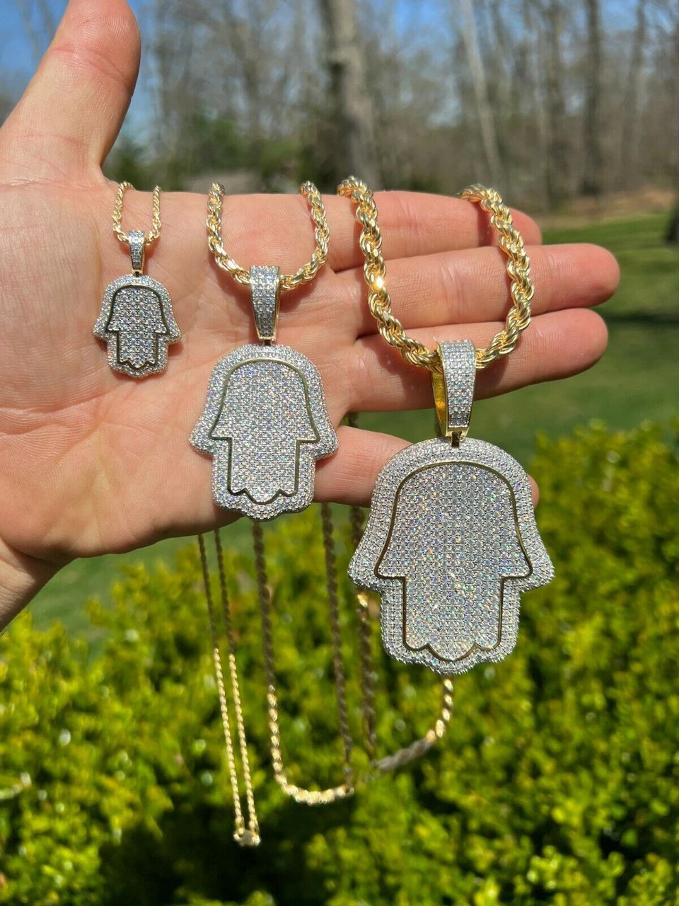 Real 14k Gold Vermeil 925 Silver God's Hand Hamsa Iced Diamond Pendant Necklace 6 Real 14k Gold Vermeil 925 Silver God's Hand Hamsa Iced Diamond Pendant Necklace - Image 4